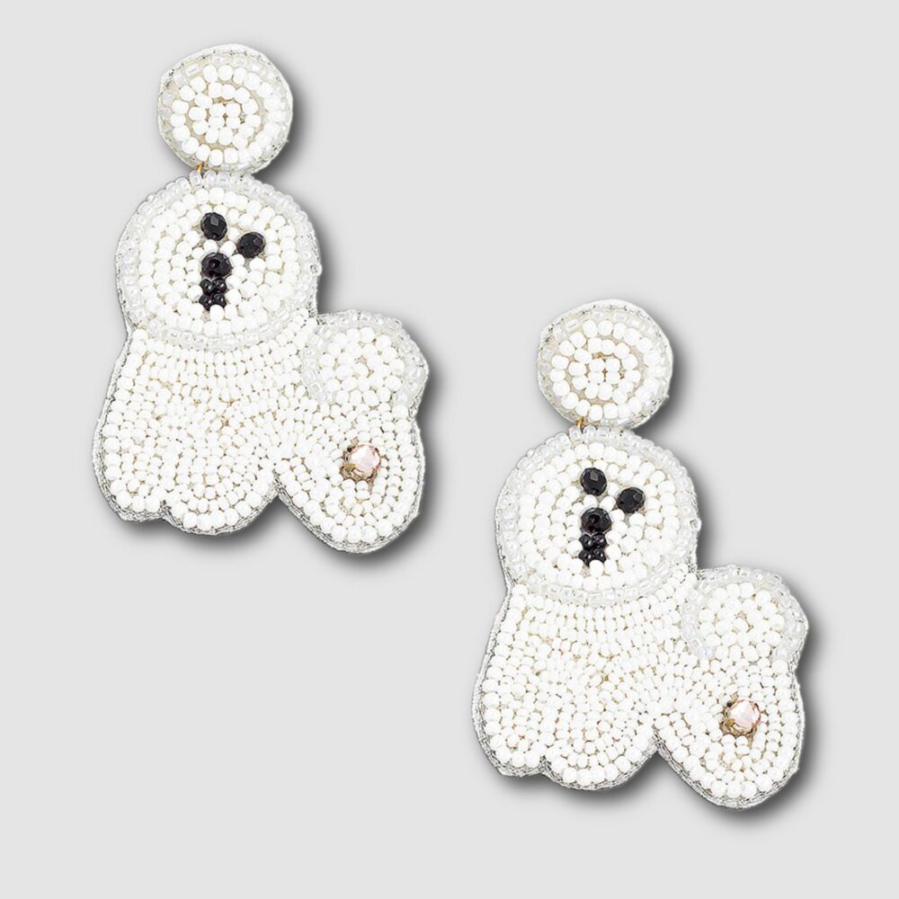 White or Pink Bichon Frise Dog Breed Beaded Earrings